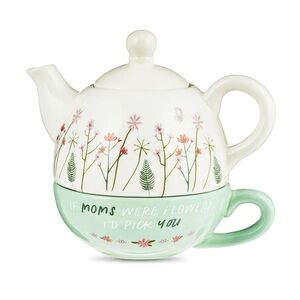 WAY TO CELEBRATE Green White Teapot Teacup Gift Stacking Set Floral NWT